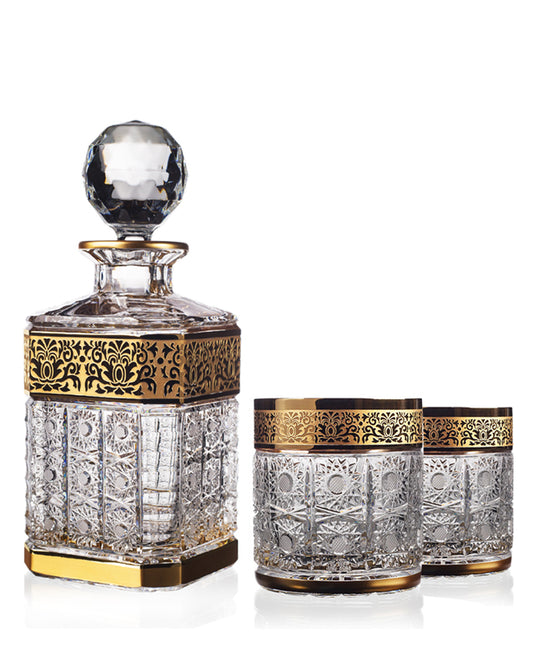 Bohemia Crystal hand cut whiskey set Romantic Horizont (1 bottle + 2 whiskey glasses)