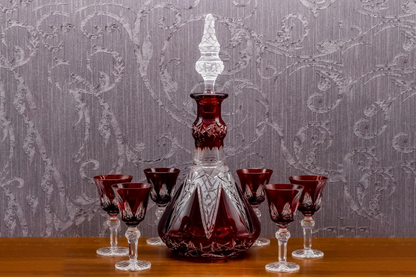 Bohemia Crystal Hand Cut Liqueur set Flowerbud red (1 decanter + 6 glasses)