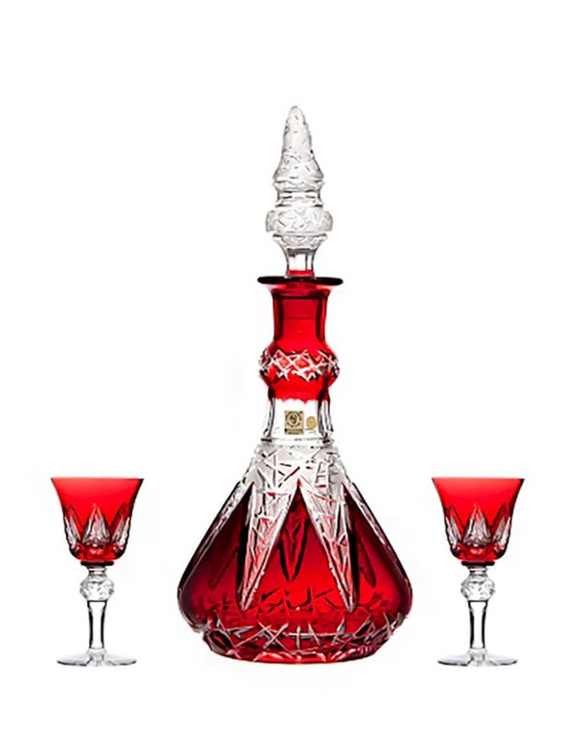 Bohemia Crystal Hand Cut Liqueur set Flowerbud red (1 decanter + 6 glasses)