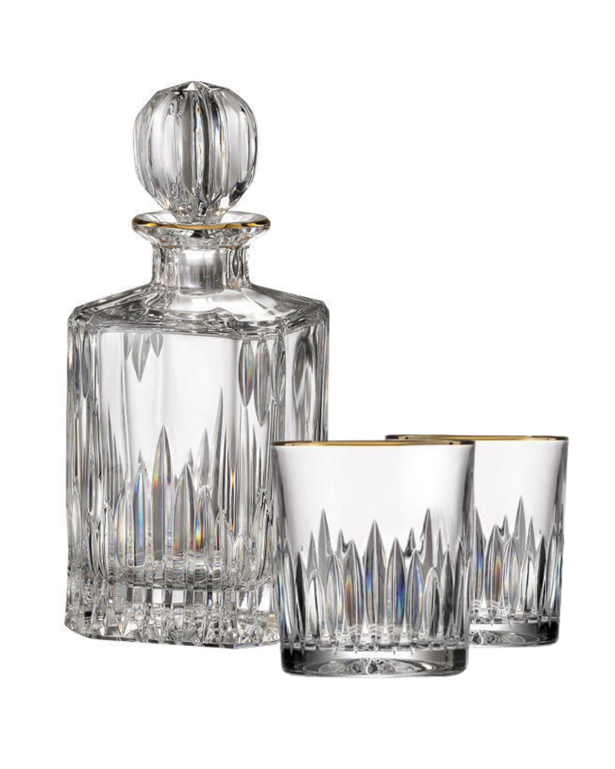 Bohemia Crystal hand cut whiskey set Prisma Line Gold (1 carafe +2 glasses)