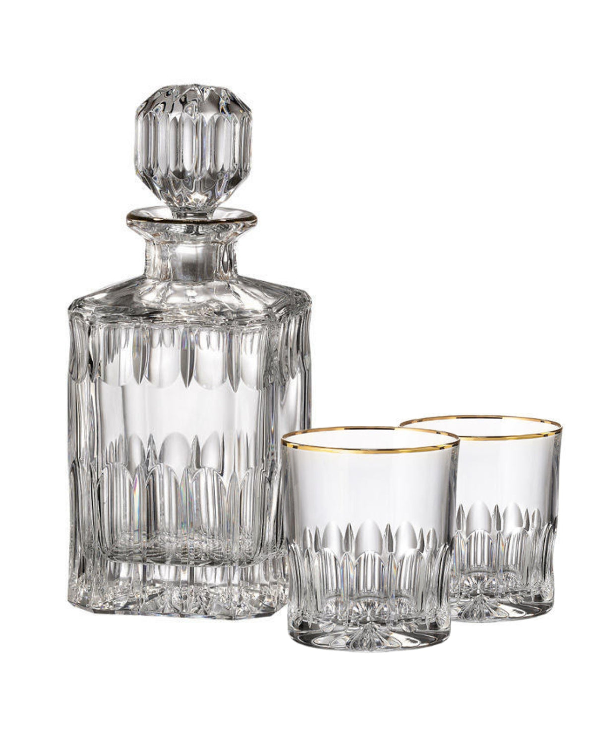 Bohemia Crystal hand cut whiskey set Daisy Line Gold (1 carafe + 2 glasses)