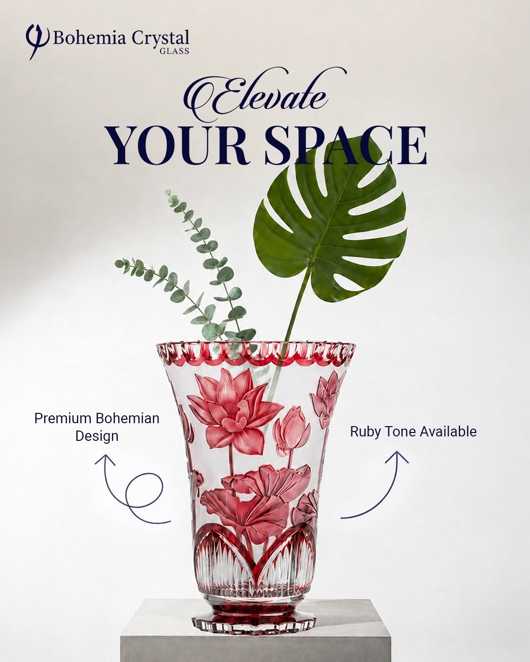 Bohemia Crystal Hand cut vase Lotos Ruby 305mm