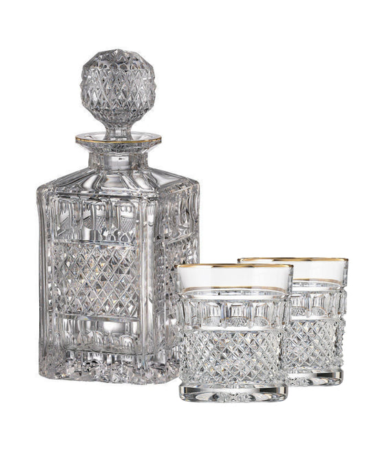 Bohemia Crystal hand cut whiskey set Felicie Line Gold (1 carafe + 2 whiskey glasses)